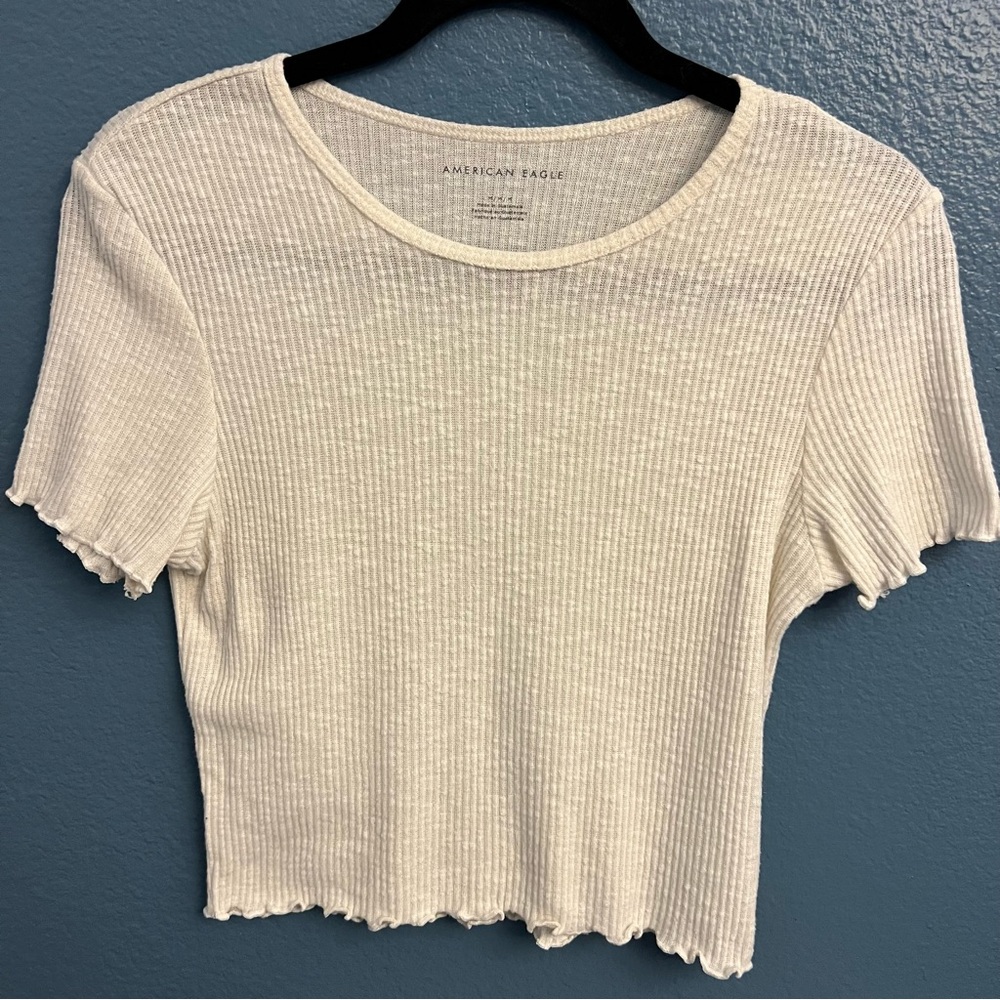 American Eagle Outfitters Cream Ribbed Short Sleeve Top